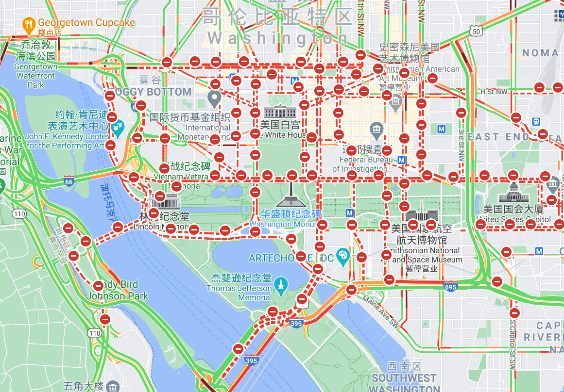 谷歌地图显示的华盛顿市区限行路况记者17日在华盛顿市区看到